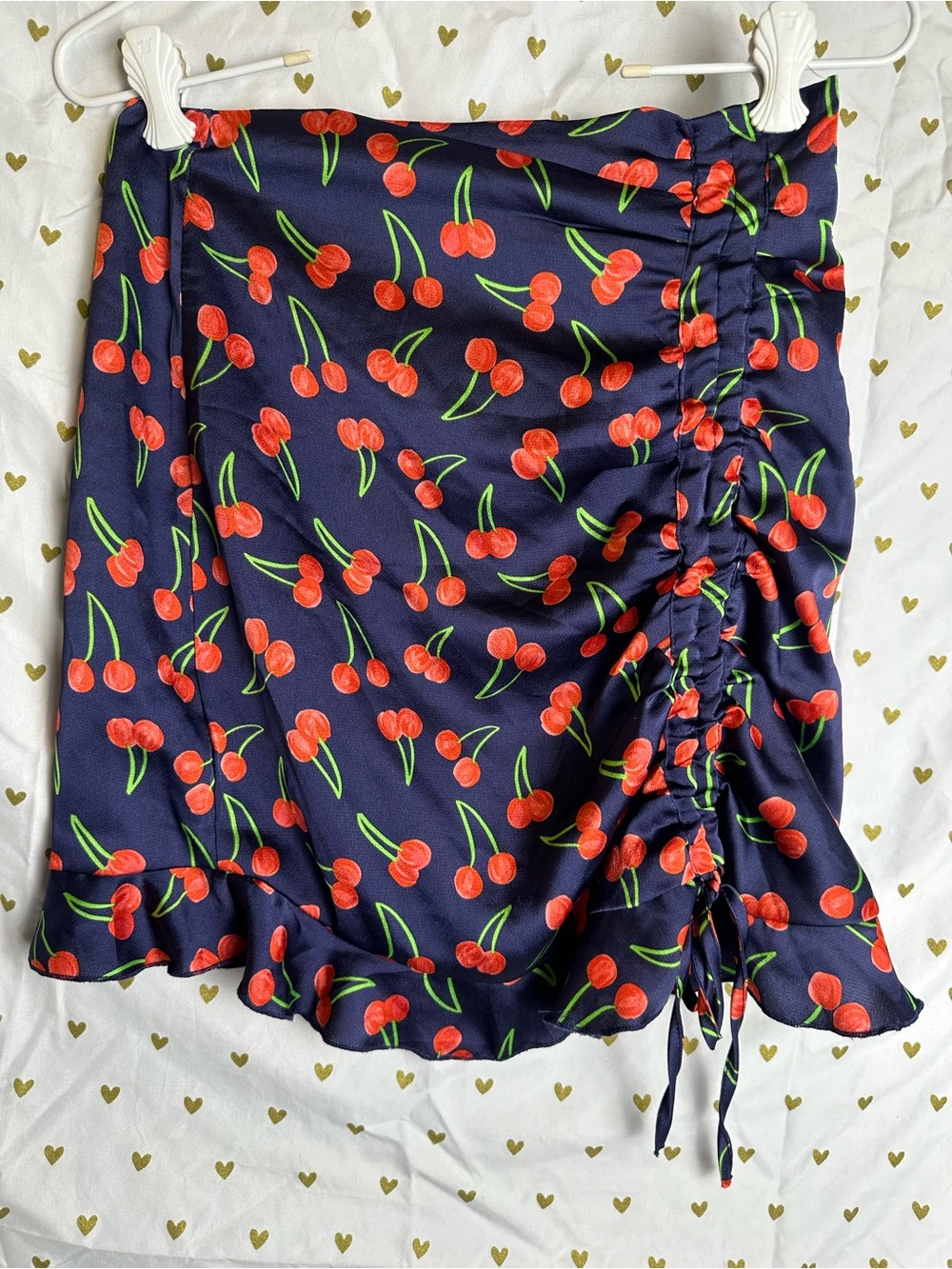 Vintage inspired Cherry print skirt with adjustable a symmetrical rouching.